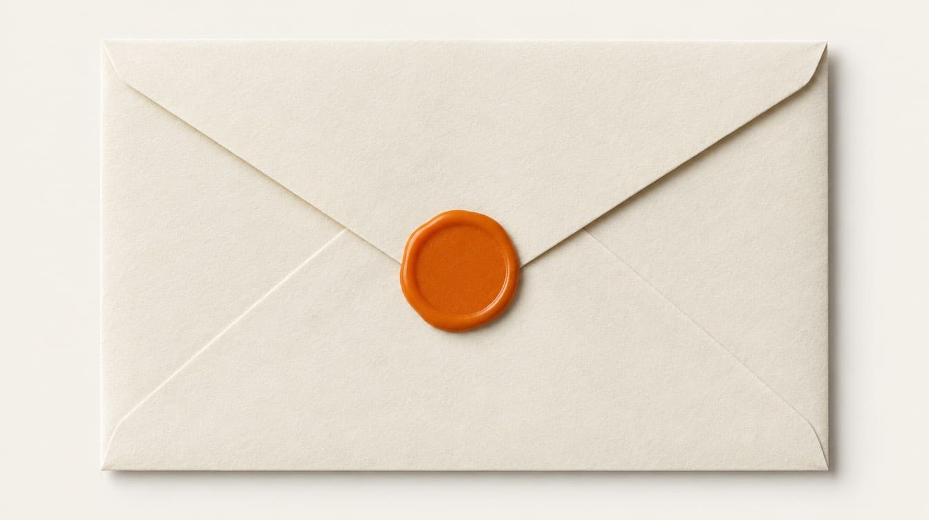 A plain cream envelope closed with a round orange wax seal, on a pale background.